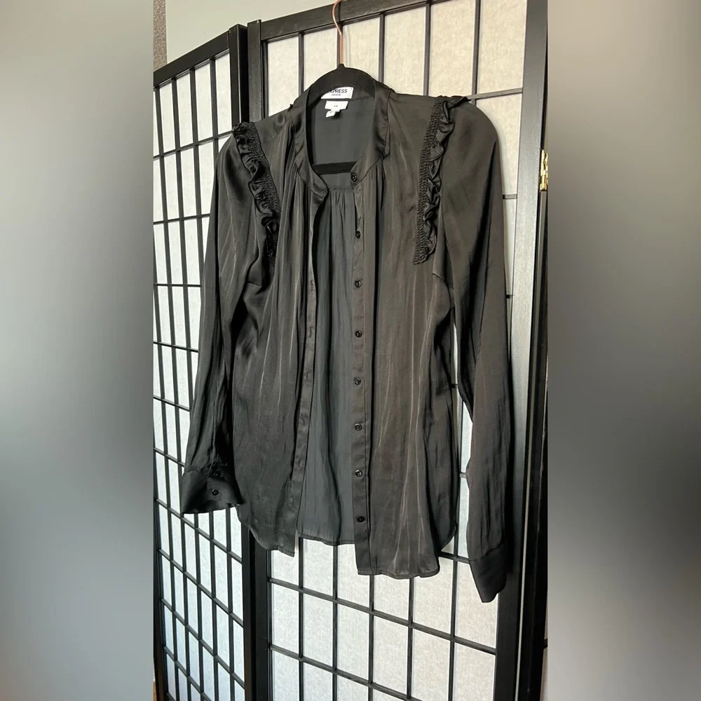 Express Silky Ruffled Shoulder Button Up - Picture 1 of 6